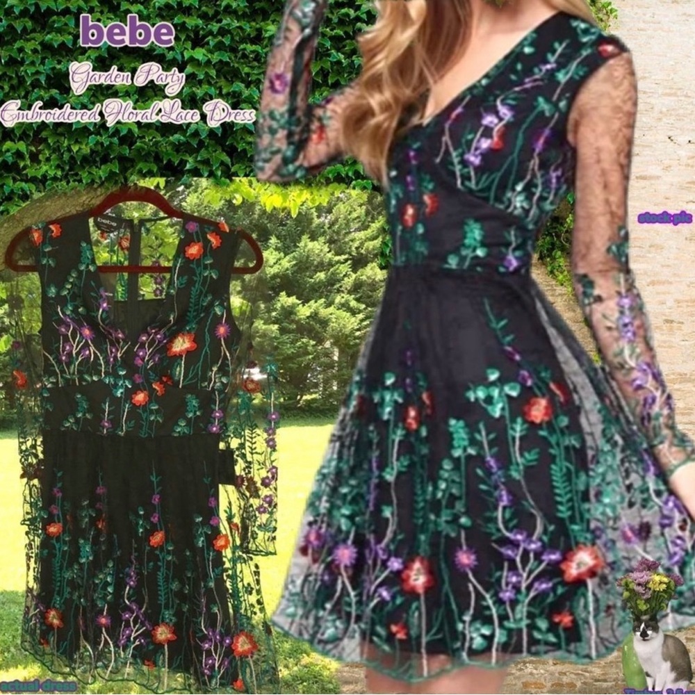 NWT Bebe Fairycore garden party embroidered Floral Mesh Lace Lined women’s 4